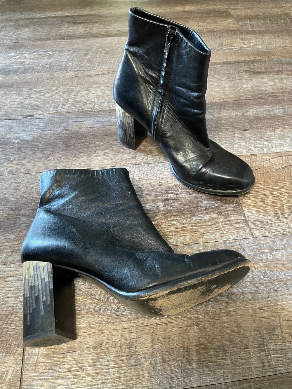 Robert Clergerie Black Leather Ankle Booties with Patterned Block Heels
